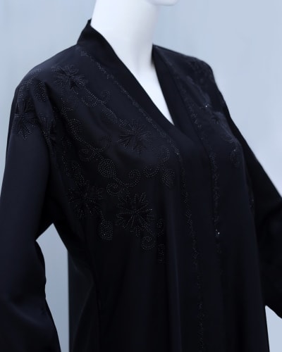 Deep Black Floral Stonework Embroidery Abaya – Elegant Ready-to-Wear