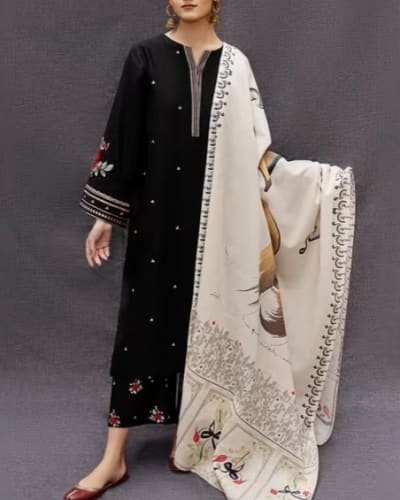 Black Embroidered Dhanak 3 Piece Winter Suit