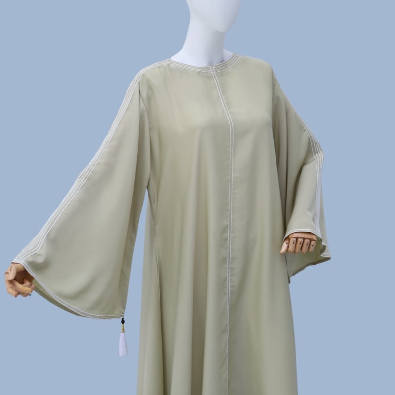 Contrast Multi-Line Piping Abaya – Soft Olive Beige | Ready-to-Wear Abaya