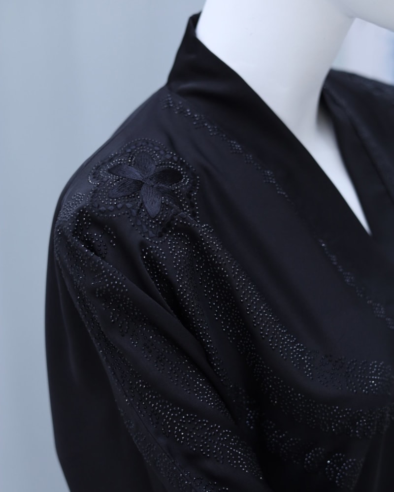 Jet Black Floral Stonework Embroidery Abaya – Elegant Ready-to-Wear