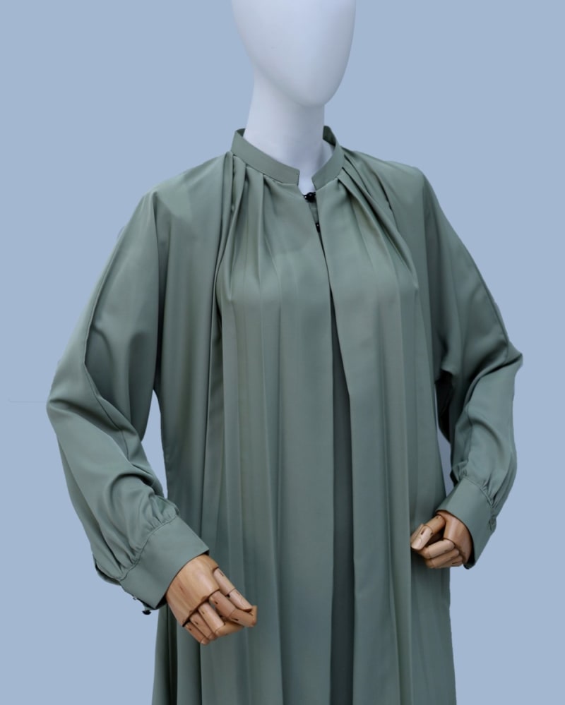 Sage Green Front Pleated Closed A-Line Abaya – Elegant Ready-to-Wear