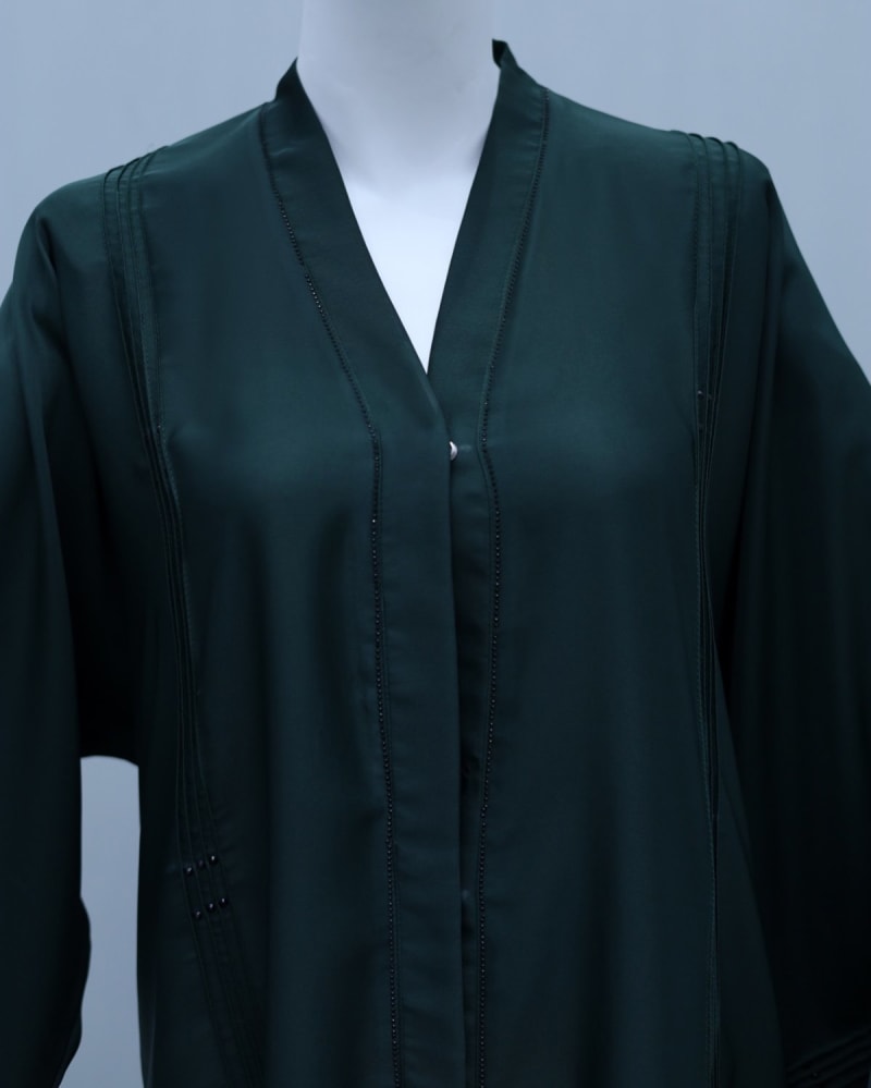 Dark Emerald Green Luxury Open Front Beaded Abaya – Elegant Ready-to-Wear