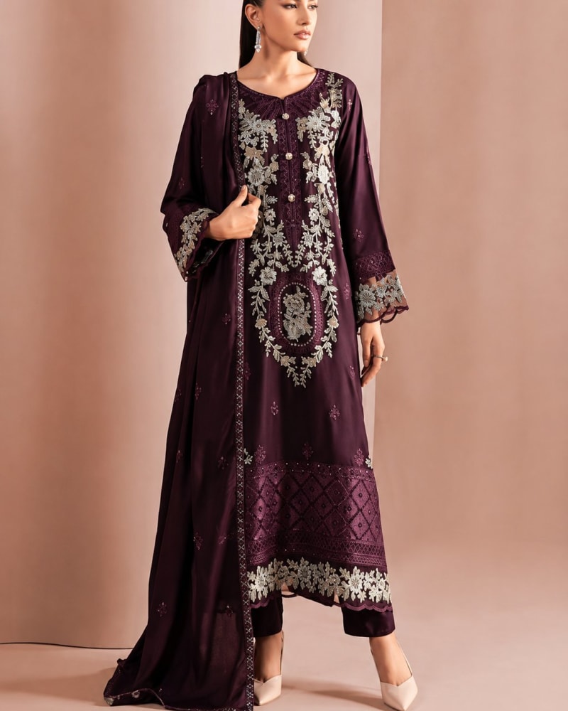 Embroidered Dhanak 3 Piece Winter Suit with Big Shawl
