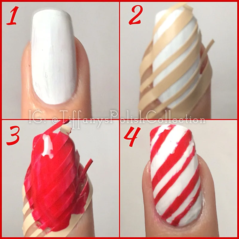 Step by step candy cane nail tutorial showing tape method for perfect stripes