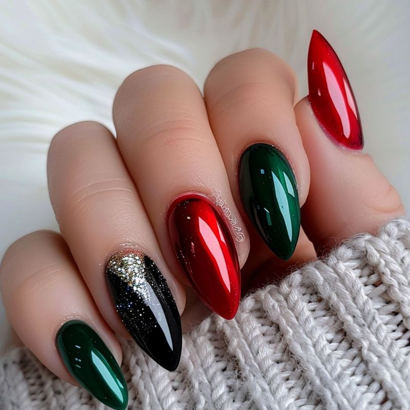 Modern Christmas nail color palette featuring burgundy sage green and rose gold chrome