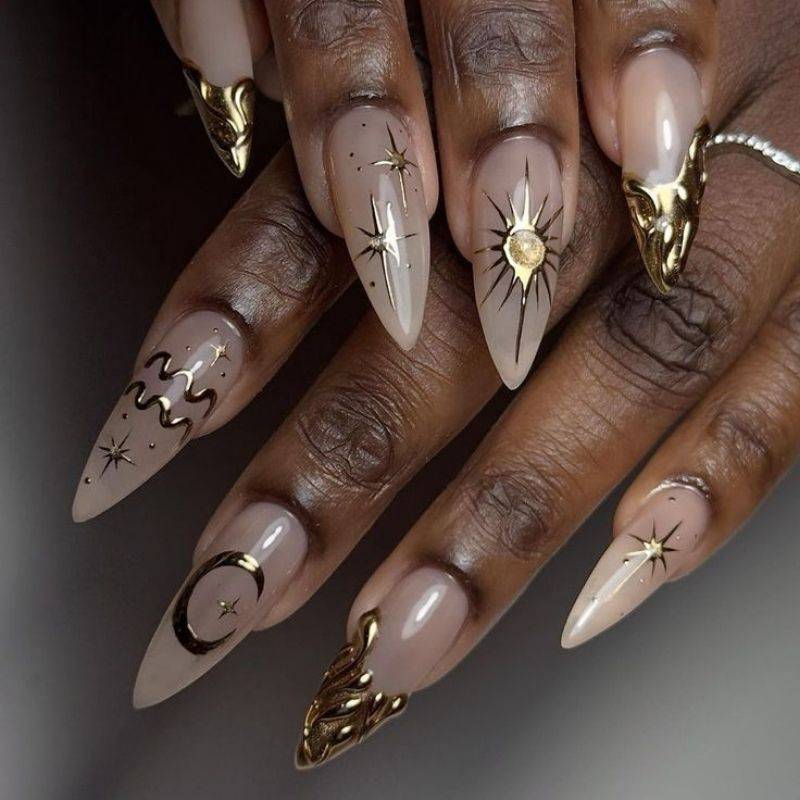 Celestial goddess nails with gold and star details