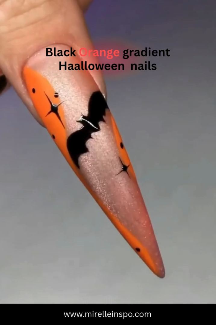Orange to black aura gradient Halloween nail design
