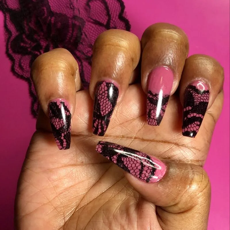 Side by side comparison of three lace nail techniques showing stamping foil and hand-painted results