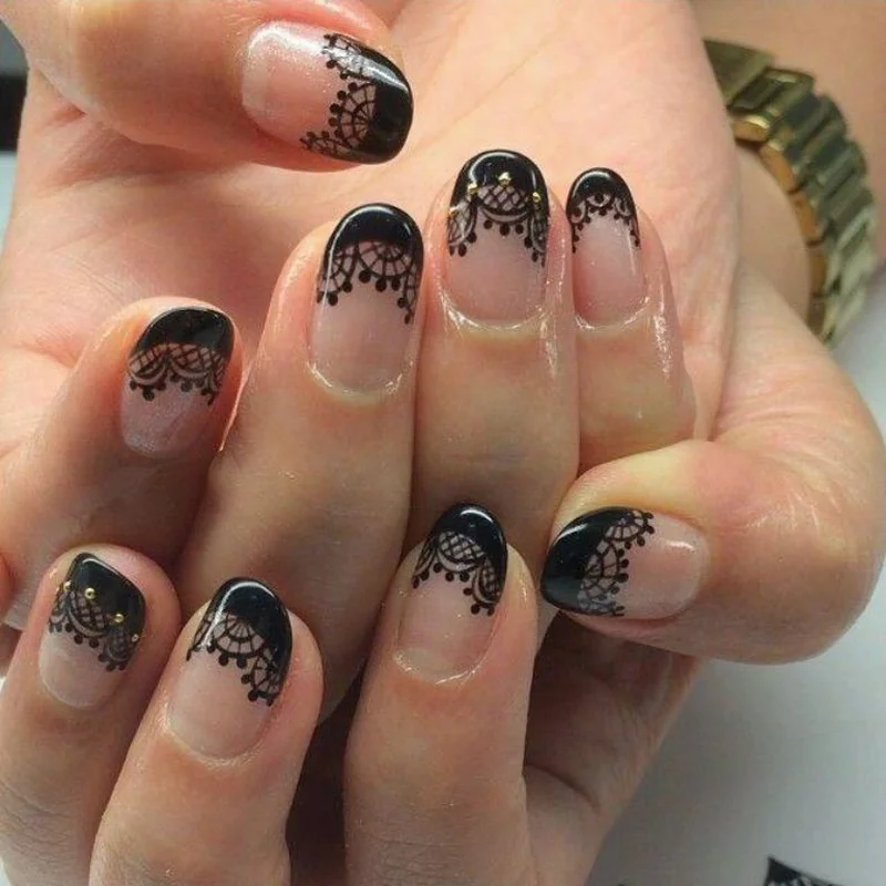 Three lace pattern placement options showing accent nail negative space and full coverage designs