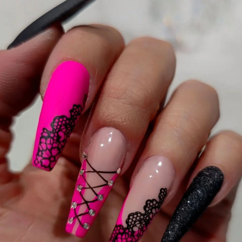 Styling guide showing lace Valentine nails for different occasions from casual to formal events