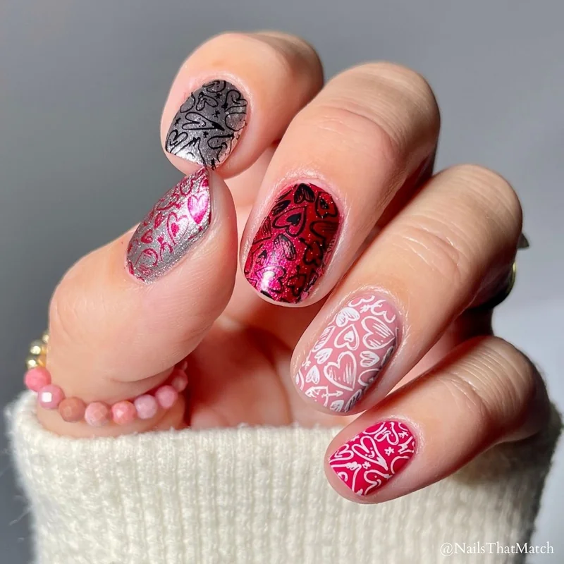 Essential stamping tools for lace Valentine nails including plates scraper and stamping polish