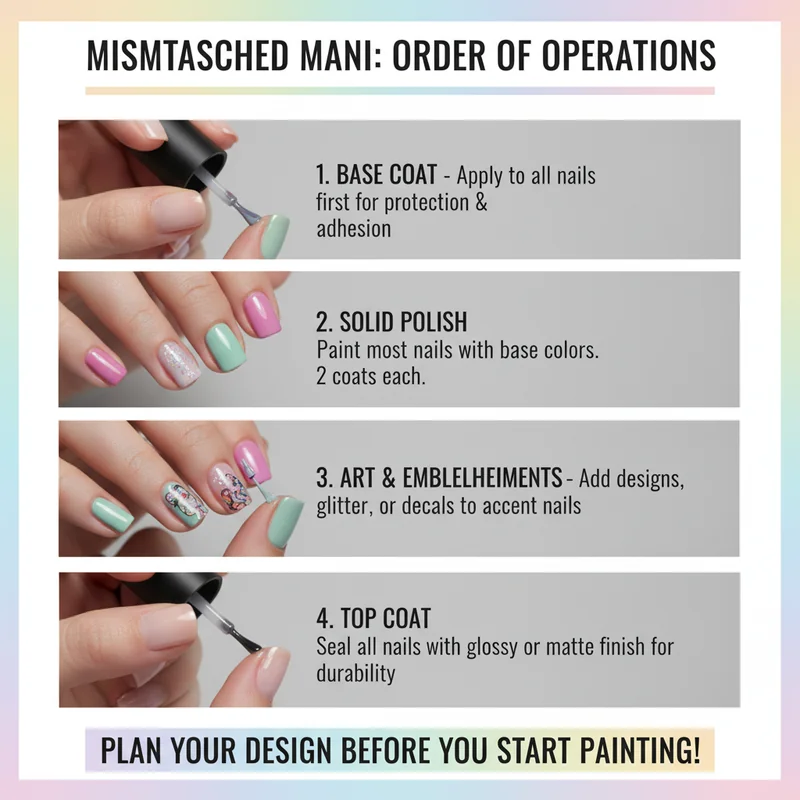 Step-by-step application technique for clean asymmetric Valentine nail execution showing layering order