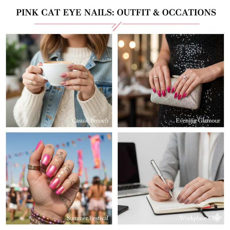 Pink cat eye Valentine nails styled for different occasions showing outfit coordination