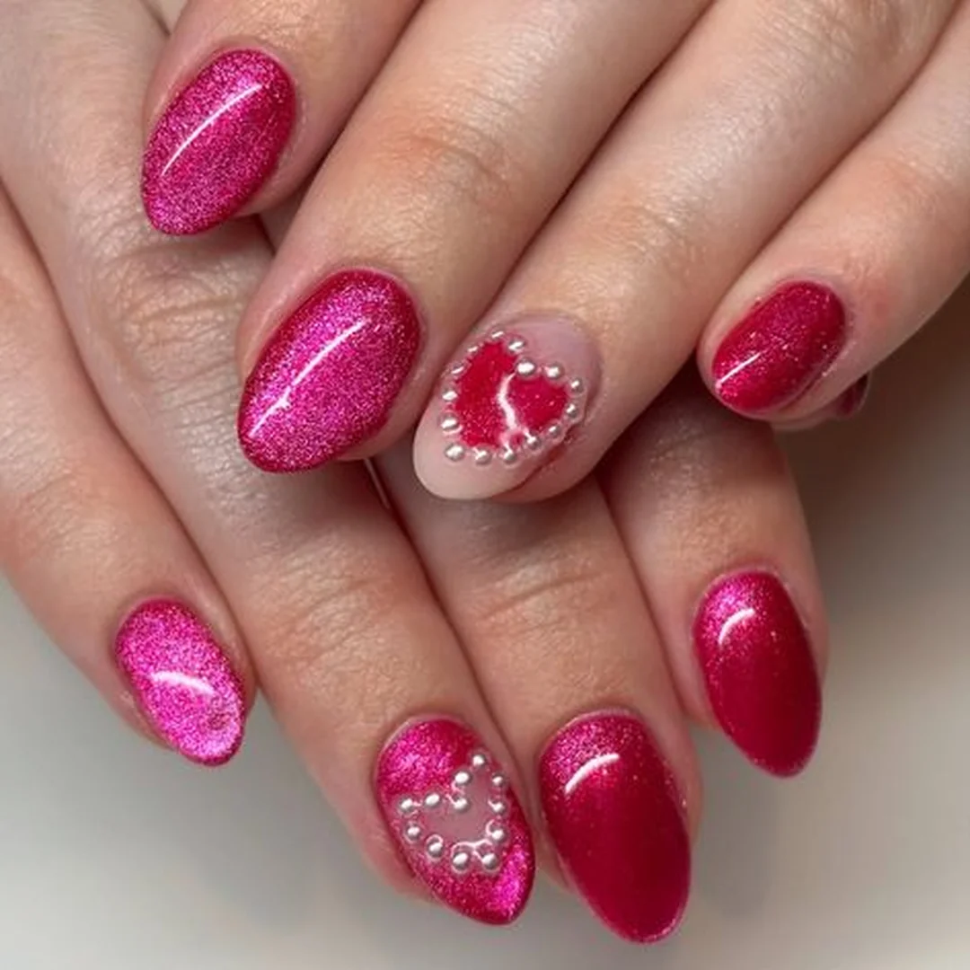 Pink Cat Eye Valentine Nails: Magnetic Shimmer
