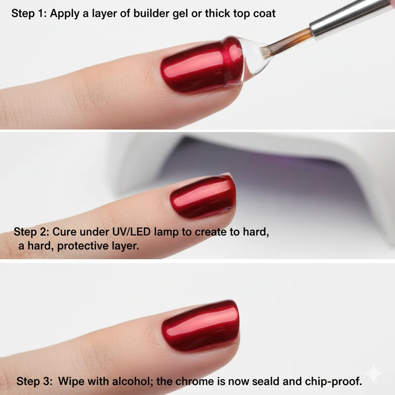 Free edge sealing technique for chrome nails demonstrating proper encapsulation method