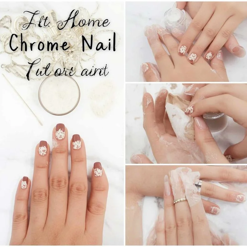 Home DIY chrome nail setup showing all necessary supplies and tools for self-application