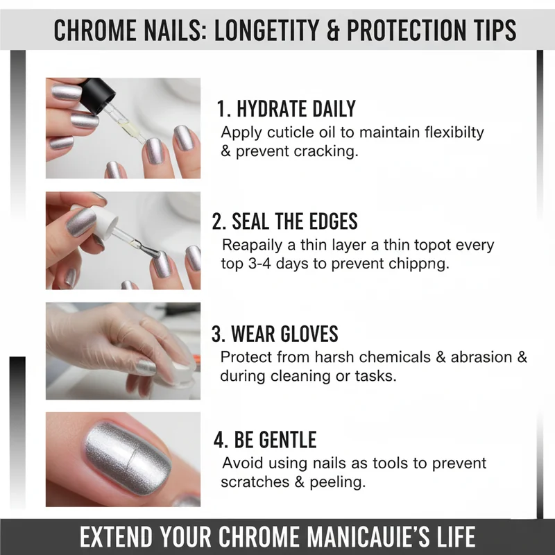 Chrome nail maintenance showing protective measures and longevity extension techniques
