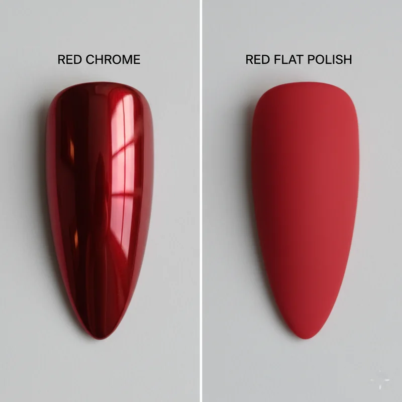 Side by side comparison showing red chrome light refraction versus flat red polish finish