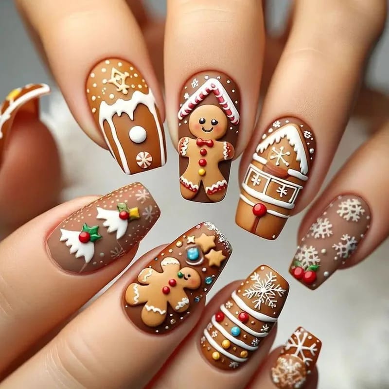 Advanced gingerbread house nail art with detailed roof, windows, and candy decorations