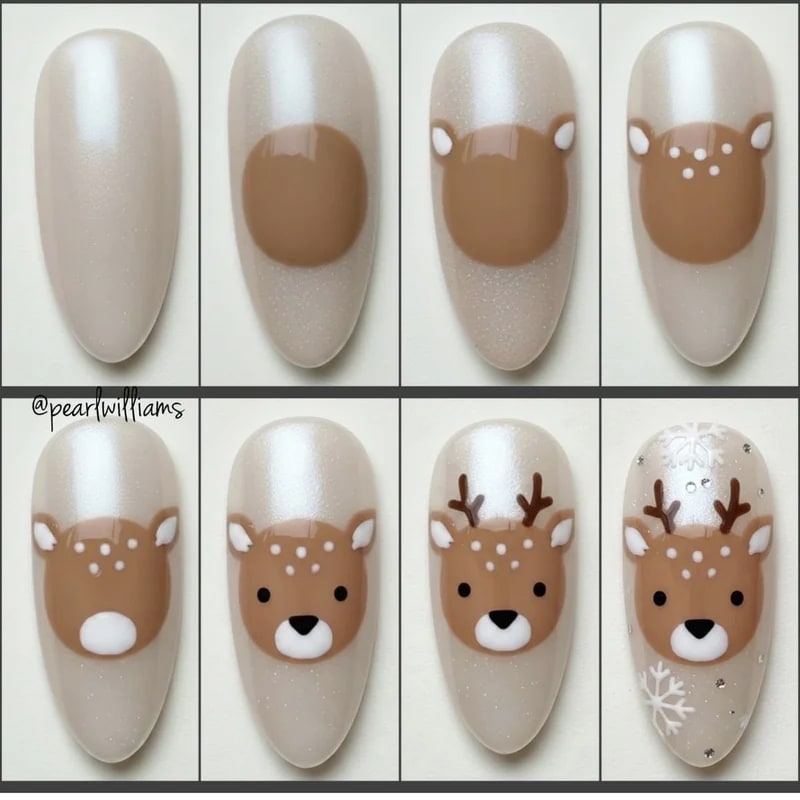 Tutorial showing how to create glossy 3D effect on Rudolph red nose nail art