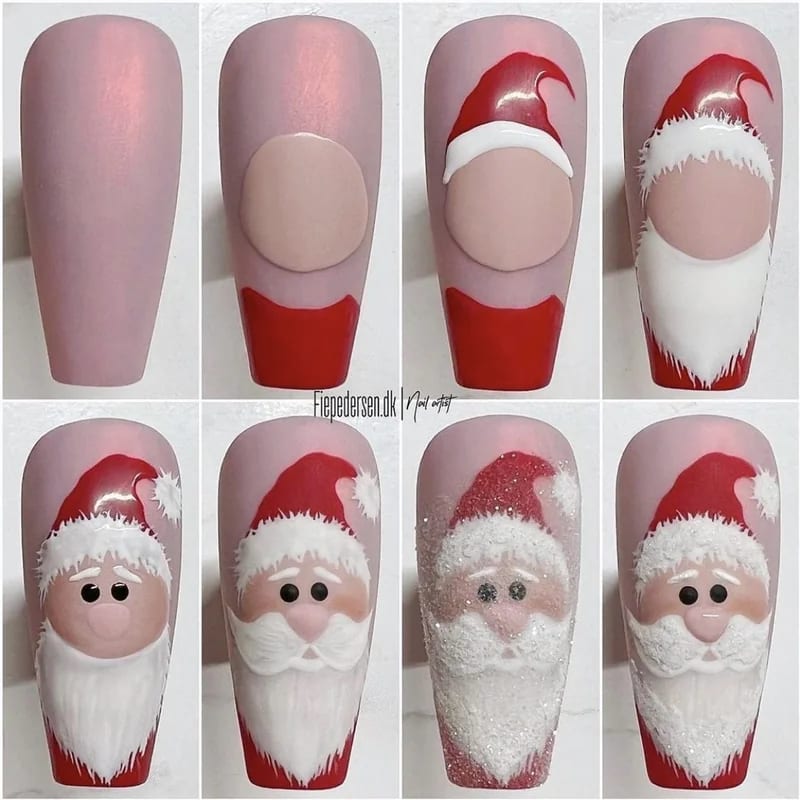 Intermediate level Santa face nail art showing facial features and beard details