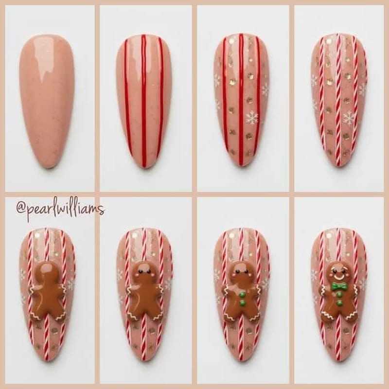 Simple gingerbread man nail art outline with brown shape and white icing dots