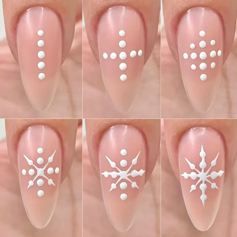 short christmas nails DIY tutorial showing snowflake being created with dotting tool step by step technique