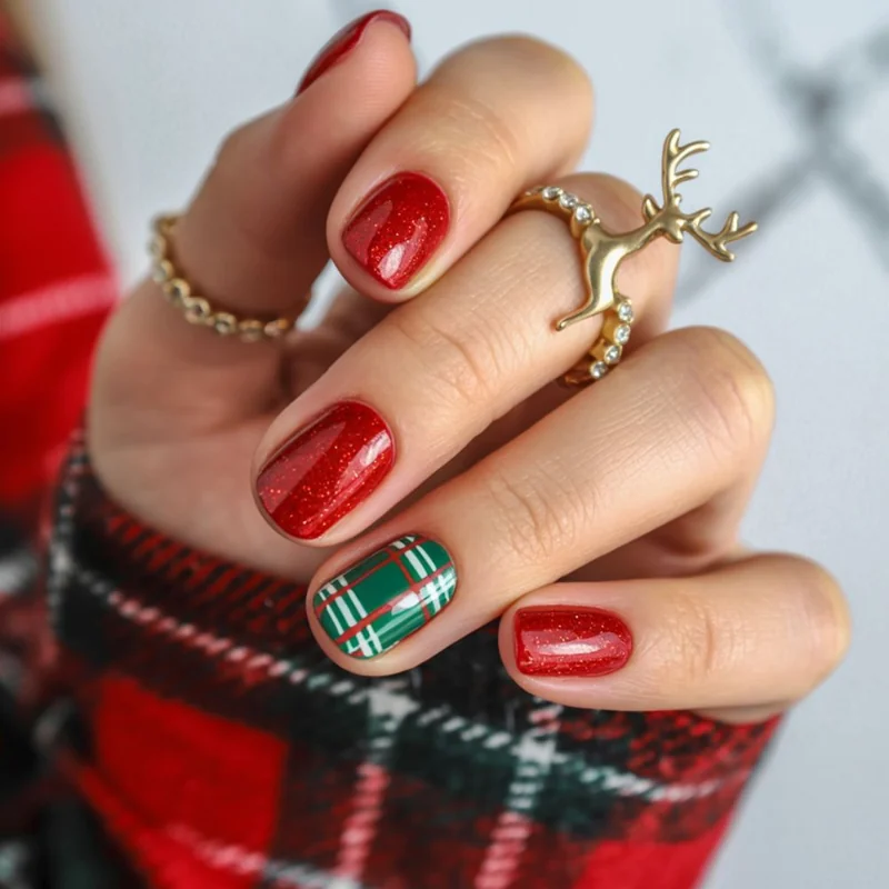 short square christmas nails with geometric plaid pattern in red and green perfect for straight edges