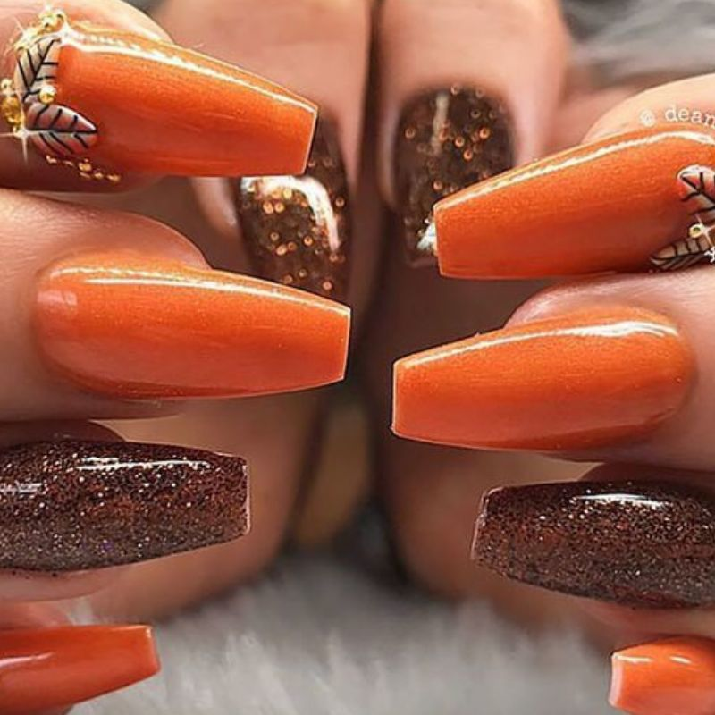 Step by step thanksgiving nail art tutorial showing leaf design technique