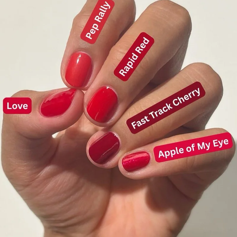 Side by side comparison showing tomato red versus classic red nail polish undertone differences