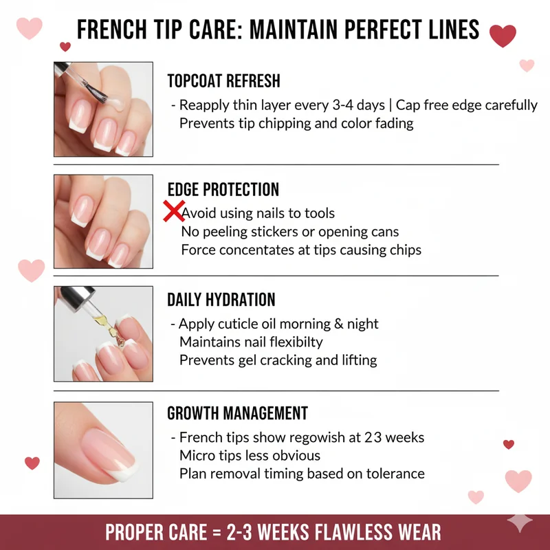 French tip longevity showing topcoat refresh and edge protection maintenance