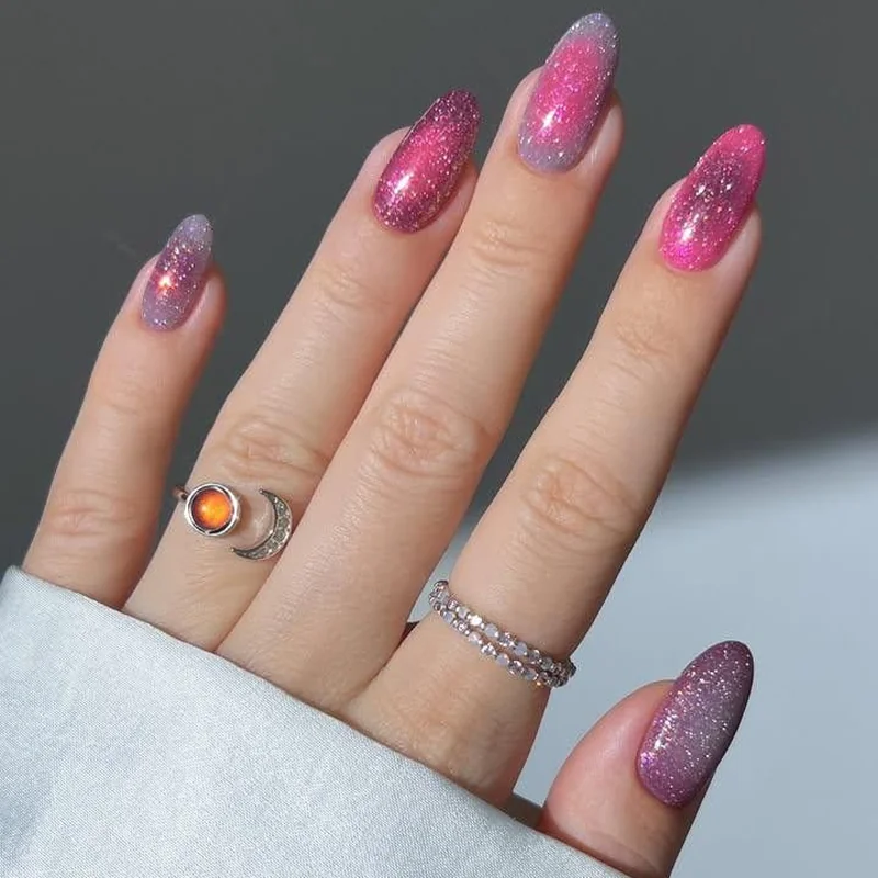 Pink cat eye nails with magnetic shimmer effect