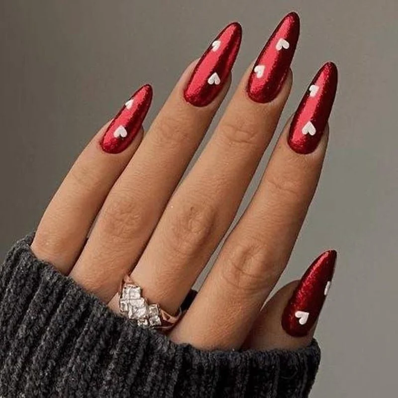Red chrome Valentine nails with molten metal finish