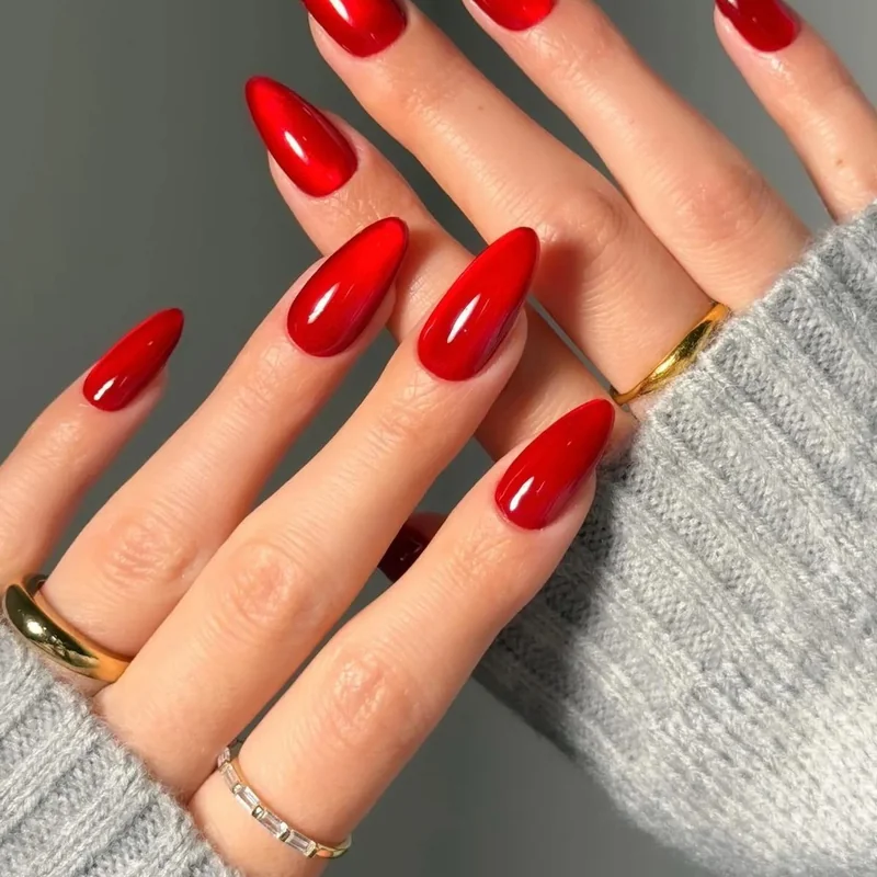 Tomato red Valentine nails with warm orange undertones