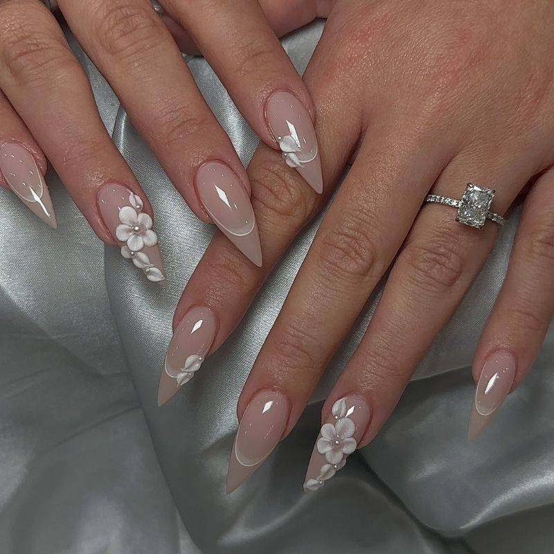 Modern wedding nail designs with chrome accents and minimalist bridal art