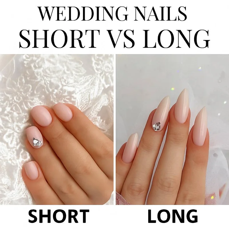 Wedding nail designs comparison showing short and long bridal manicure options