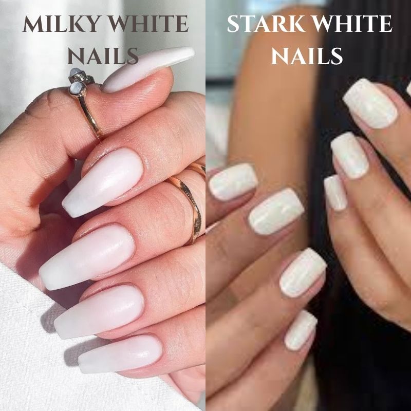 side by side comparison milky white versus stark white nail polish on nails showing finish differences for christmas designs