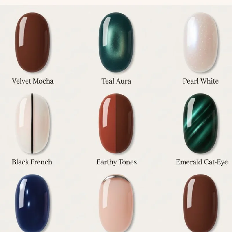 Complete winter nail color palette featuring mocha mousse jewel tones and metallics
