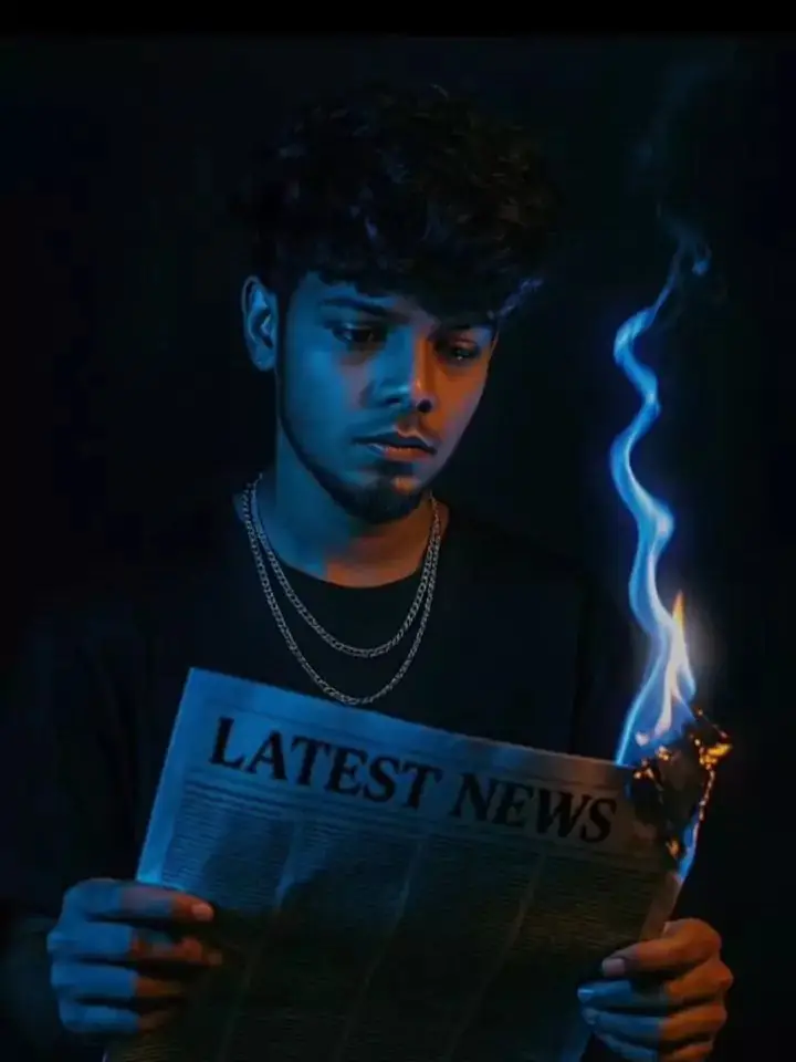 Cinematic Portrait with Burning Newspaper and Blue Flames