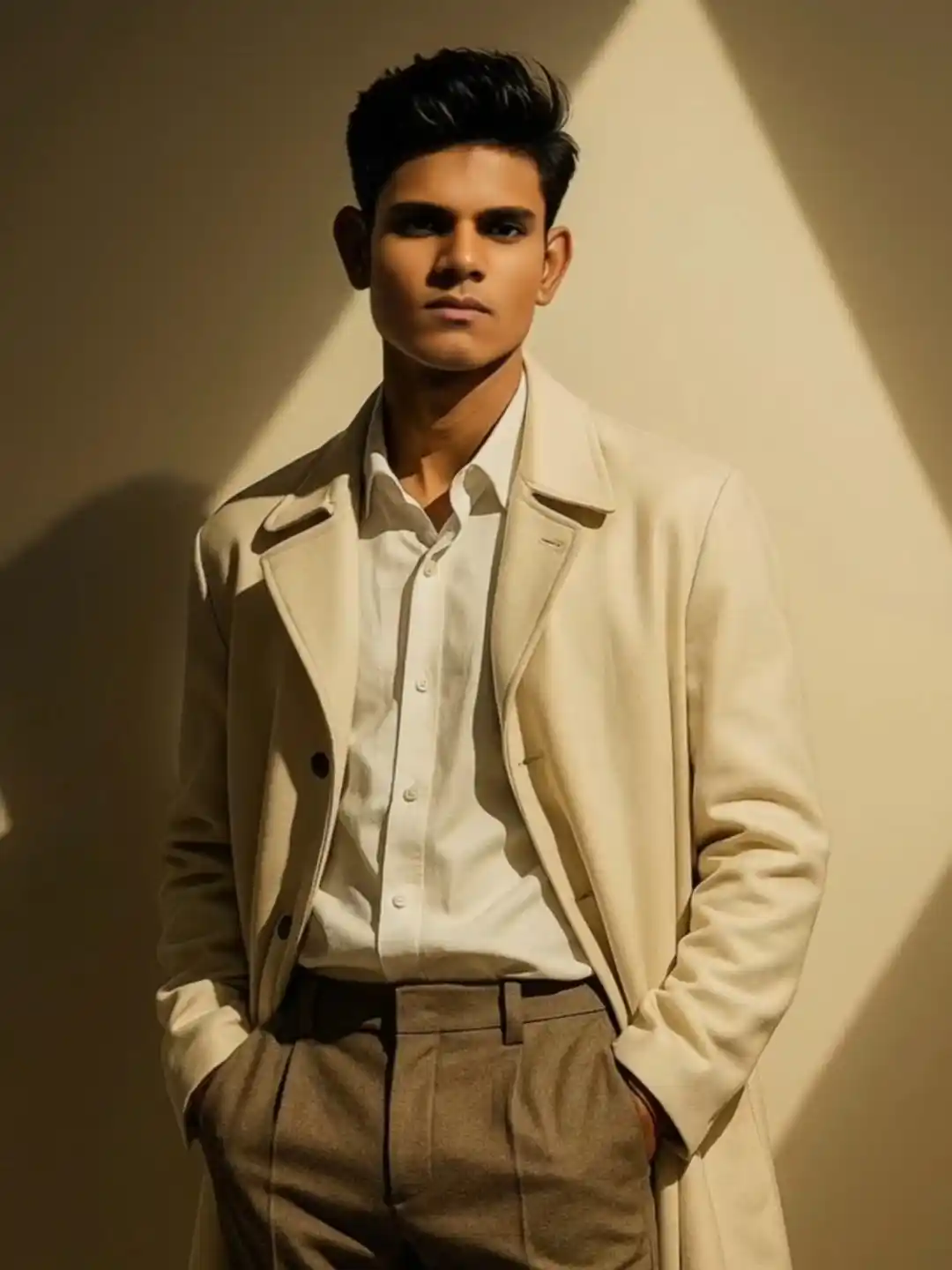 Editorial Portrait in Trench Coat with Dramatic Triangular Lighting