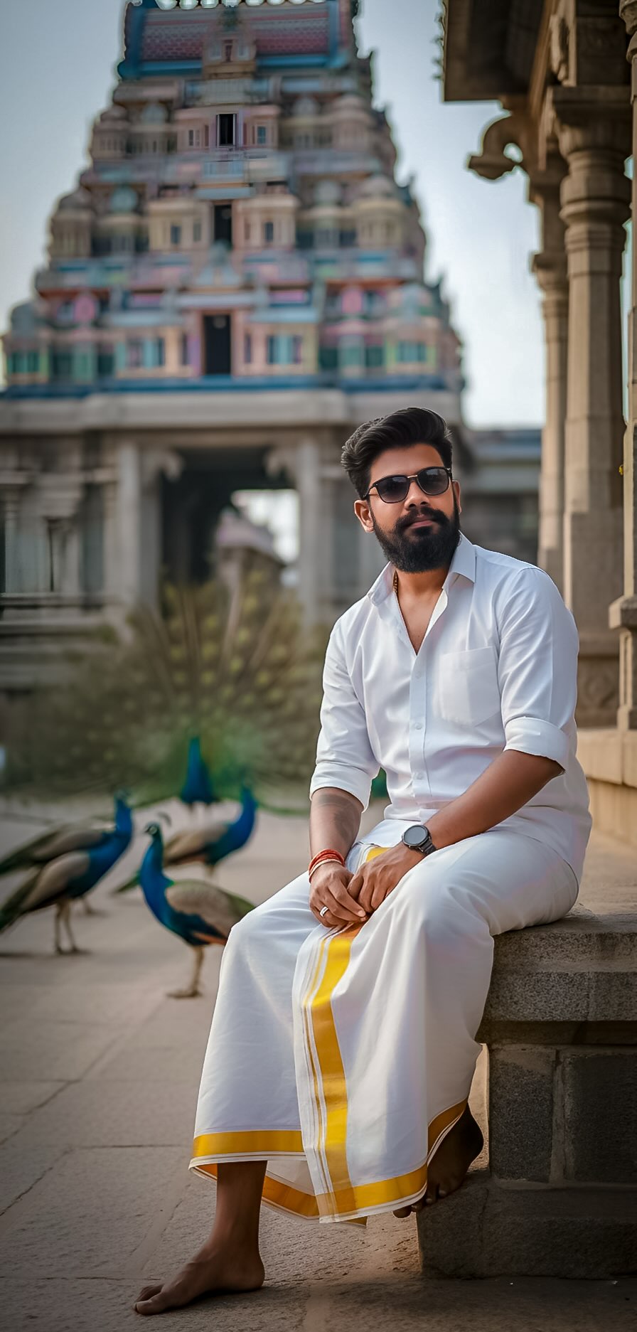 Traditional Temple Portrait with White Dhoti and Peacocks