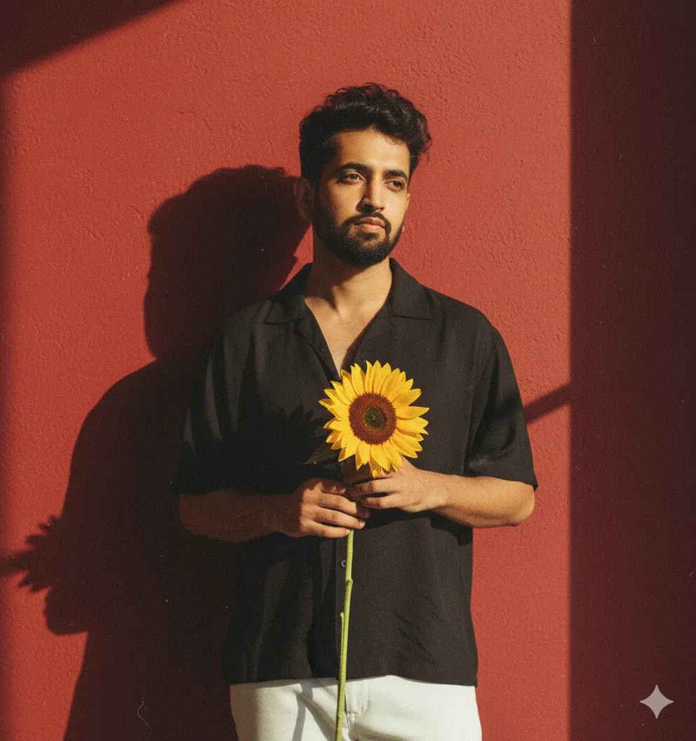 90s Retro Portrait with Sunflower and Deep Shadows