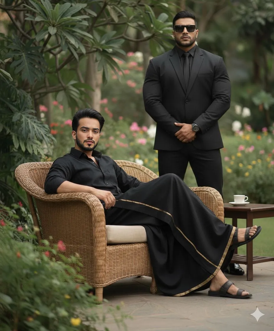 Elegant Patio Portrait in Black Shirt and Gold-Bordered Dhoti