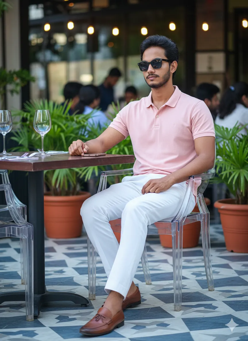 Chic Outdoor Café Portrait in Pink Shirt and White Trousers