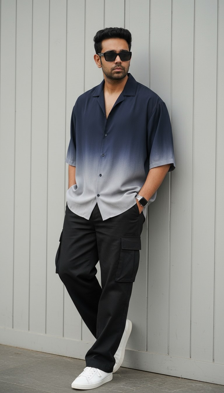 “Hyper-Realistic Medium Portrait — Ombre Shirt Look Against Gray Wall