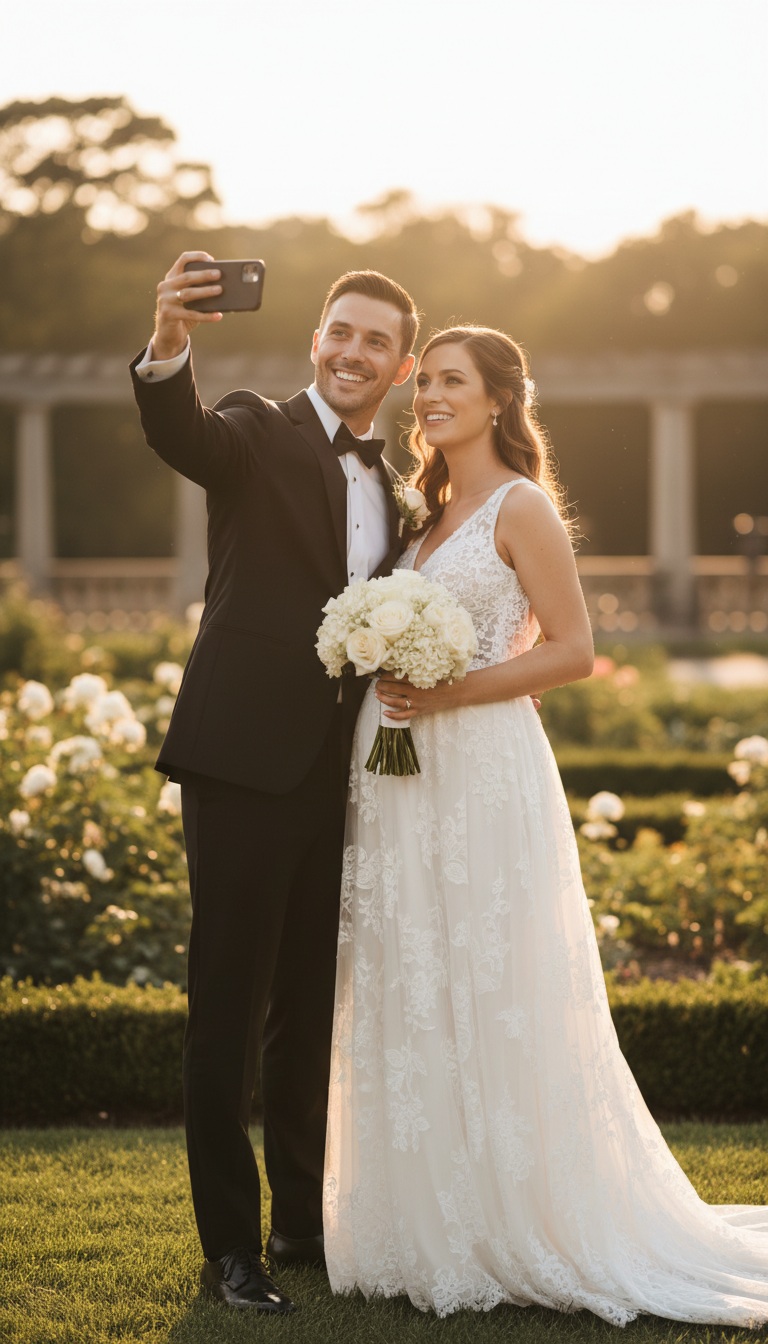Joyful Garden Wedding Selfie at Golden Hour