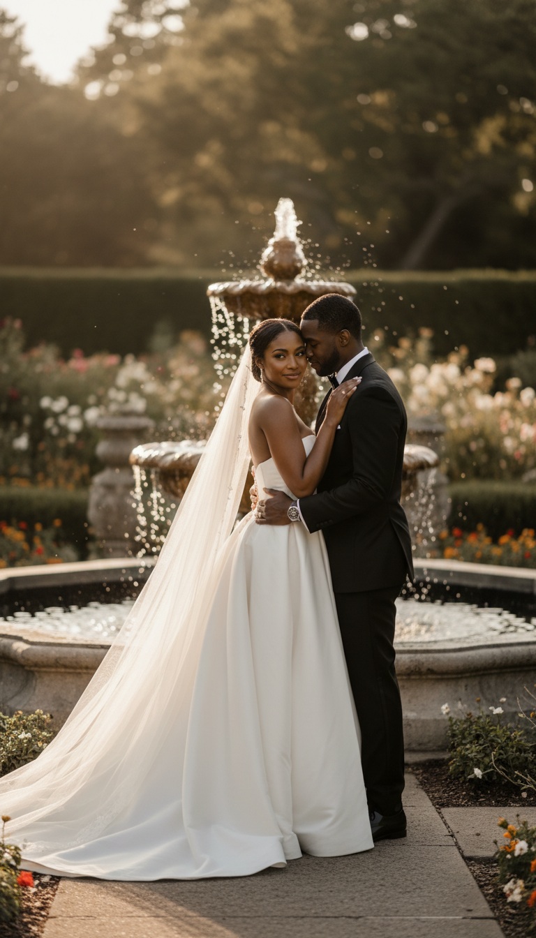 Romantic Golden Hour Garden Embrace by the Fountain