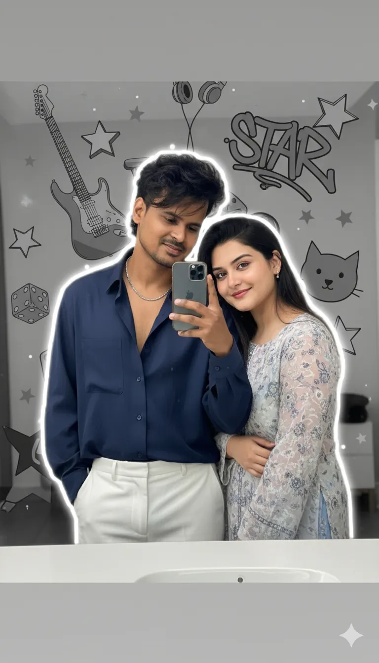 Modern Mirror Selfie with Artistic Grayscale Collage Aesthetic