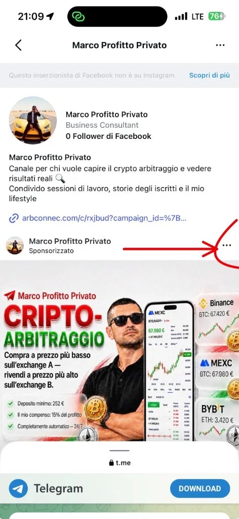 Screenshot truffa — Facebook · 5 giugno 2026