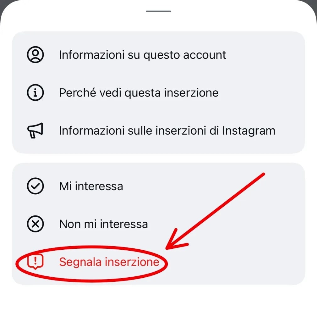 Menu opzioni inserzione Instagram con voce Segnala inserzione evidenziata